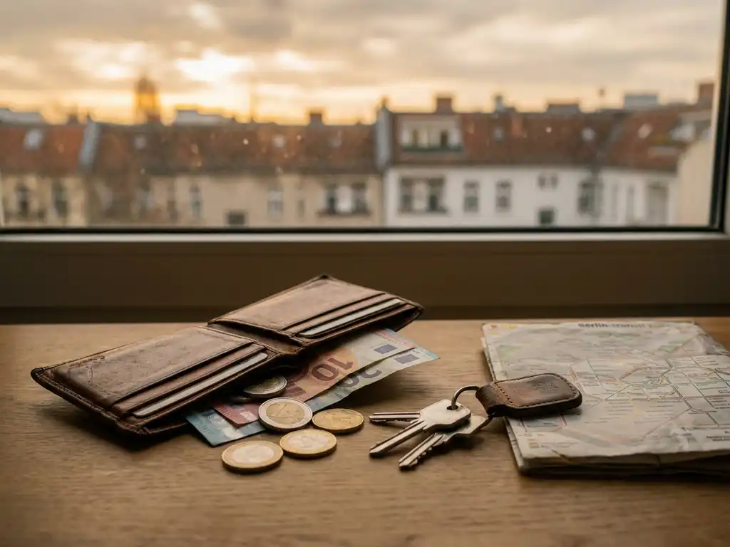 Open leather wallet with euro coins, banknotes, apartment keys, and a Berlin transit map on a wooden desk, warm morning light, rooftops in background.