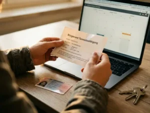 Student hands holding a Bürgeramt appointment confirmation slip over a desk with a German residence document, laptop calendar, and door keys.