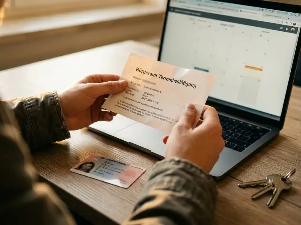 Student hands holding a Bürgeramt appointment confirmation slip over a desk with a German residence document, laptop calendar, and door keys.