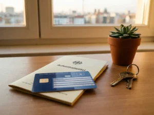 European health insurance card on a German residence document beside apartment keys and a succulent, warm afternoon light on a white Berlin desk.