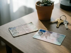 Worn foreign driving licence beside a new German Führerschein on a Berlin desk, with keys and a small potted plant in soft natural light.
