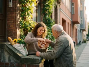 Young woman sharing a traditional German pretzel with an elderly neighbor on a sunlit Berlin apartment stoop, ivy-covered brick building behind them.