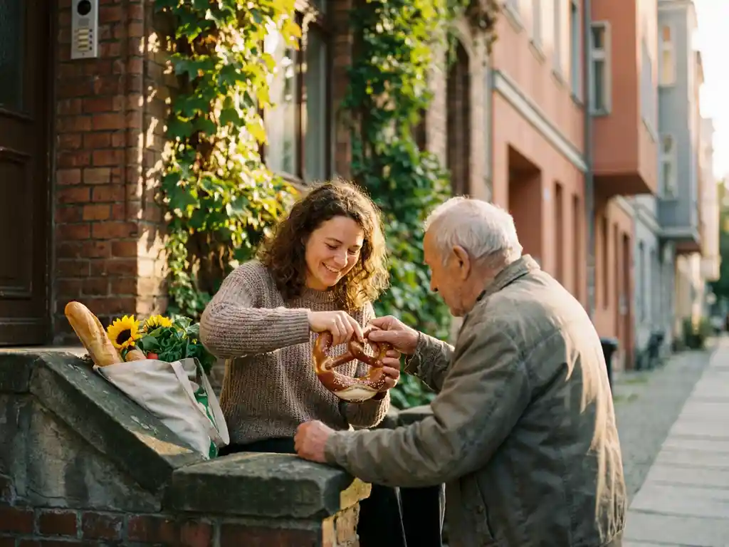 Young woman sharing a traditional German pretzel with an elderly neighbor on a sunlit Berlin apartment stoop, ivy-covered brick building behind them.