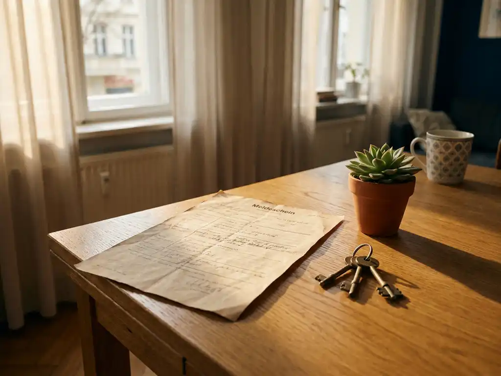 Worn German Anmeldung registration form on a wooden desk beside brass keys and a potted succulent in a Berlin apartment.