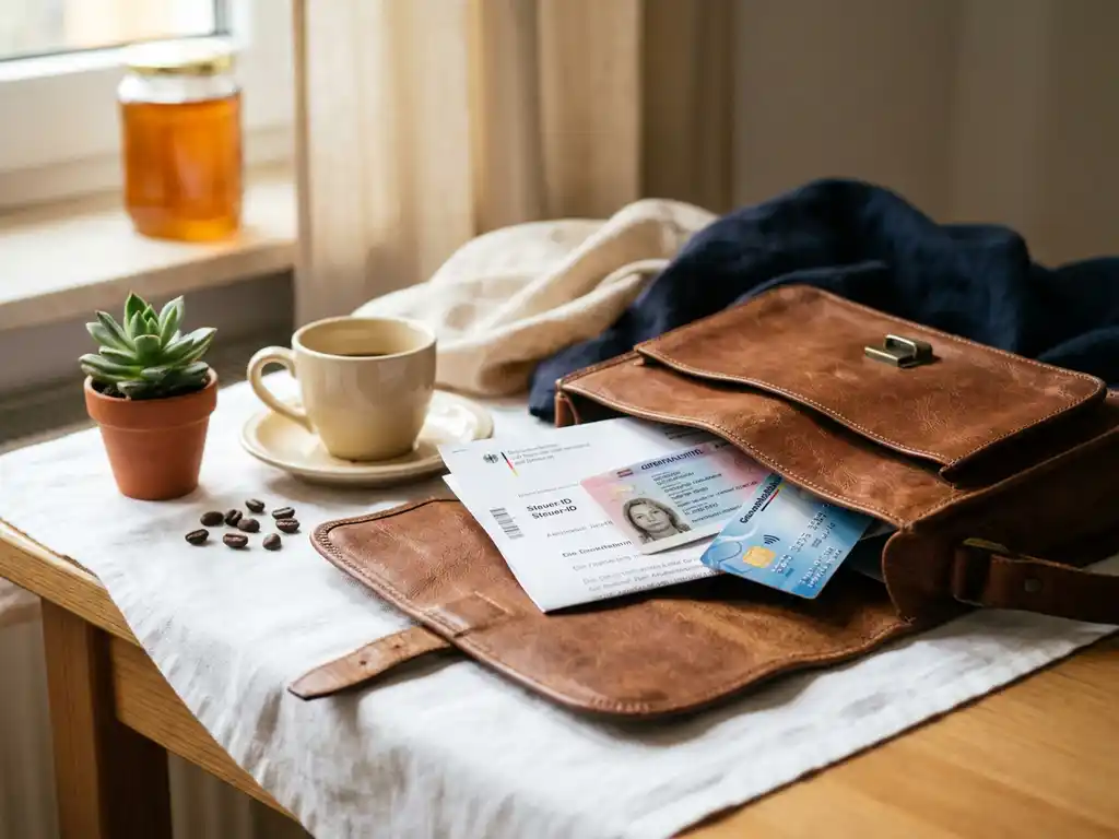 Worn leather satchel with German residence permit, health insurance card, and tax ID letter on a white desk beside coffee and a succulent.