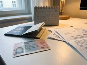 Worn German residence permit card on a white desk beside an open passport, circled calendar, and official documents in warm amber light.