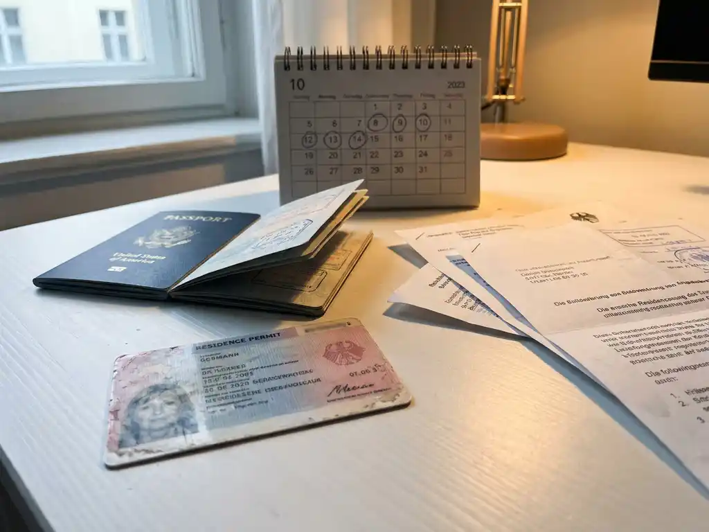 Worn German residence permit card on a white desk beside an open passport, circled calendar, and official documents in warm amber light.