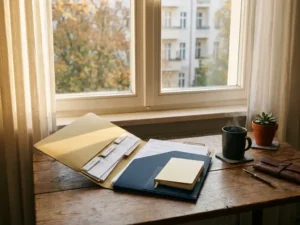Open German tax document folder on a wooden desk with a steaming coffee mug and succulent, warm afternoon light in a Berlin apartment.