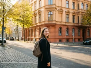 Young international student with backpack at a sunlit Berlin Altbau street corner, autumn trees and golden-hour light on cobblestone sidewalk.