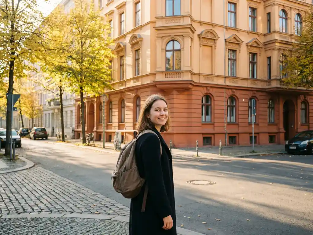 Young international student with backpack at a sunlit Berlin Altbau street corner, autumn trees and golden-hour light on cobblestone sidewalk.