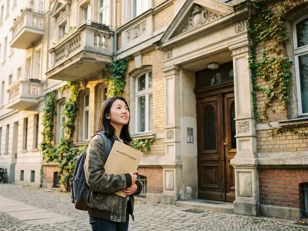 Young international student holding documents at the entrance of a Berlin Altbau dormitory, gazing up at the ornate ivy-covered facade in golden afternoon light.