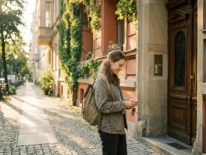International student with backpack examining apartment keys outside a Berlin Altbau building with ivy-covered sandstone facade.