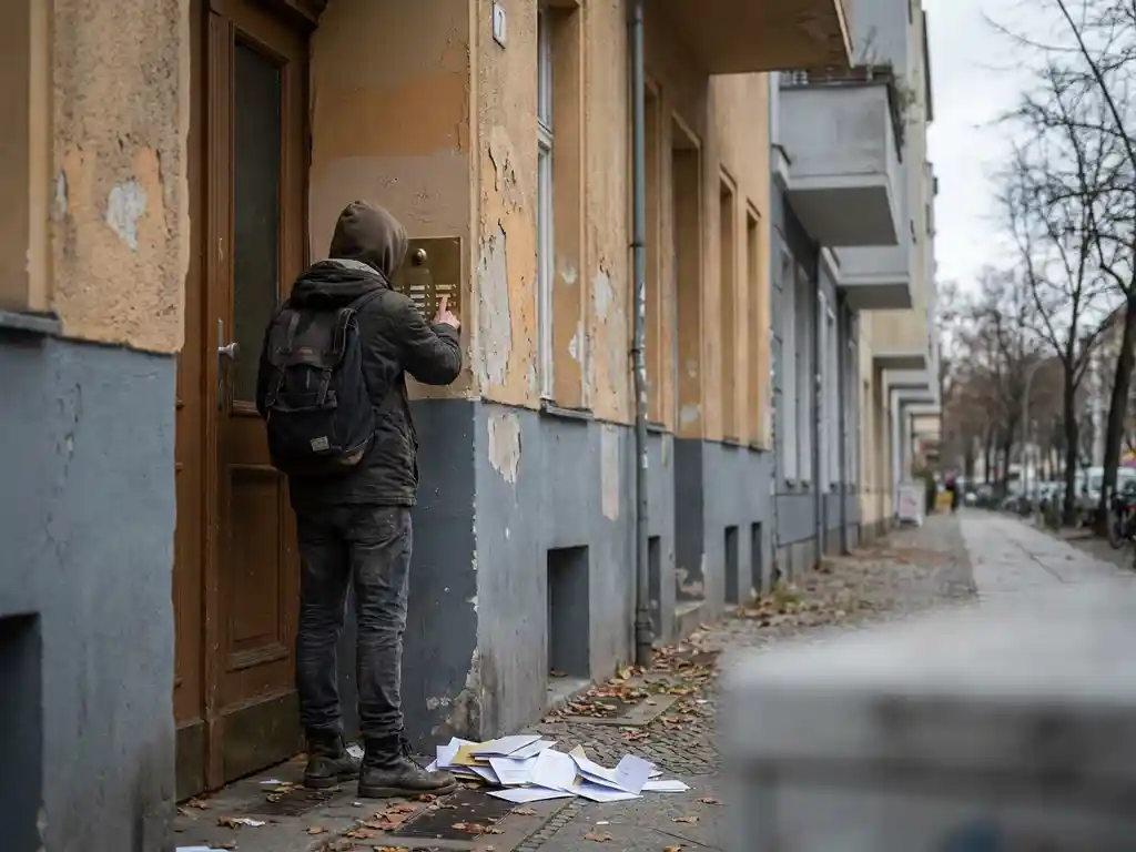 Young international student pressing an unanswered Berlin Altbau doorbell, rejection letters and worn backpack at their feet, under an overcast sky.