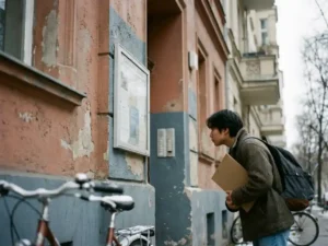 Young international student holding a rental folder while reading a notice board on a weathered Berlin Altbau apartment building in winter light.