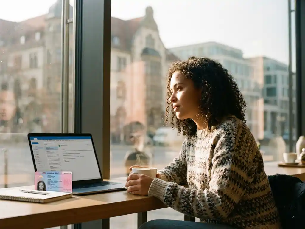 Young international student at a Berlin café with a German residence permit and laptop beside a morning coffee, city architecture softly visible through the window.