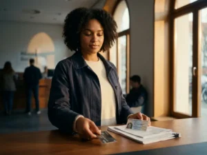 Young international student placing a newly issued German bank card on a bank counter beside identity documents and a residence permit in Berlin.