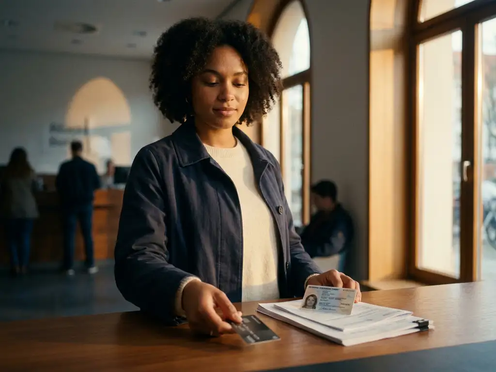 Young international student placing a newly issued German bank card on a bank counter beside identity documents and a residence permit in Berlin.