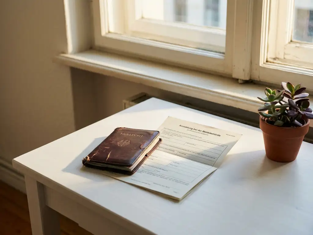 Worn leather passport and German Anmeldung registration form on a white desk beside a succulent, bathed in warm Berlin apartment sunlight.