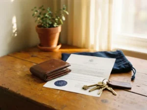 Worn leather wallet and stamped official document on a wooden desk beside apartment keys and a small potted plant in warm afternoon light.