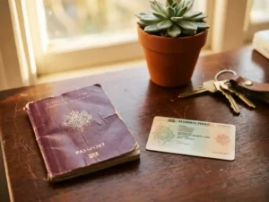 Worn burgundy passport beside a residence permit card on a wooden desk, with apartment keys and a small succulent in warm afternoon light.