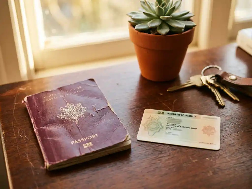 Worn burgundy passport beside a residence permit card on a wooden desk, with apartment keys and a small succulent in warm afternoon light.