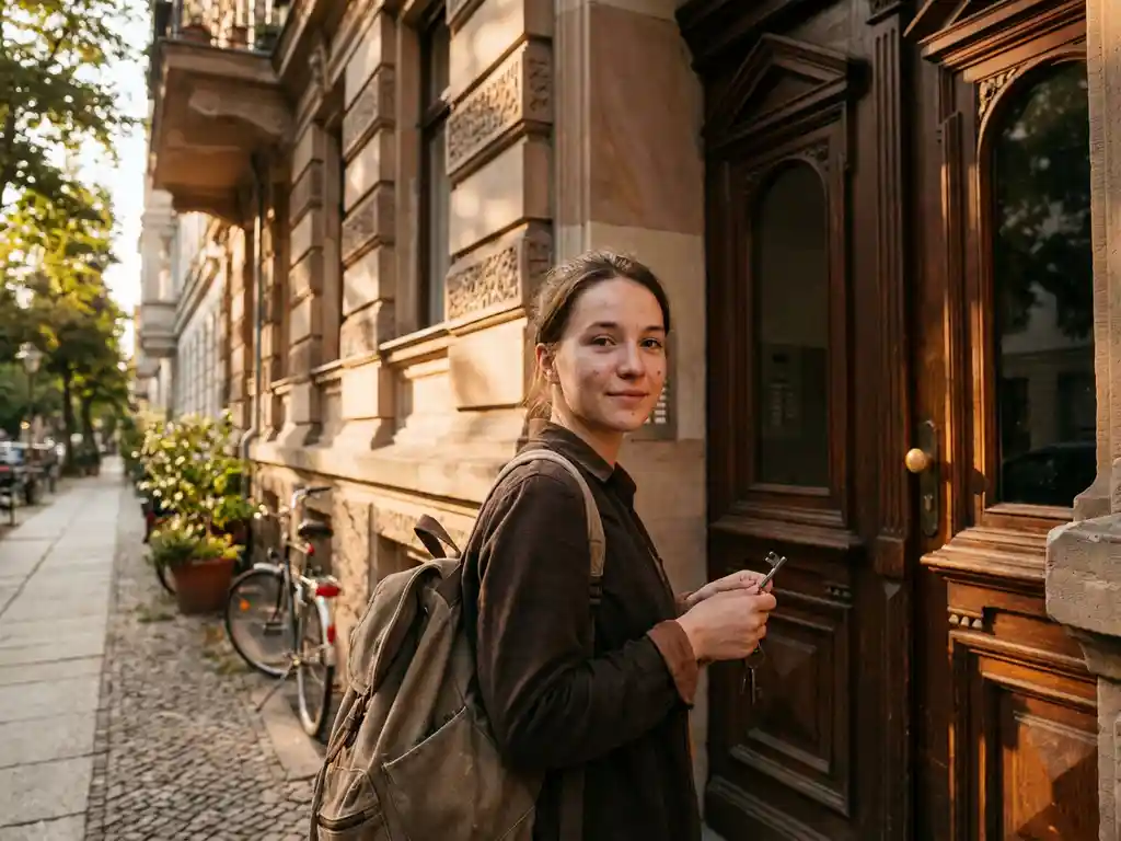 Young foreign student holding apartment keys at a Berlin Altbau building entrance, warm golden afternoon light on sandstone facade.