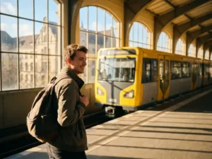 Student with backpack waiting on sunlit Berlin U-Bahn platform as a yellow subway train arrives, university buildings visible through station windows.