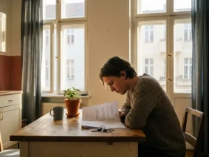 Young student reading a printed rental contract at a wooden kitchen table in a sunlit Berlin apartment, keys and small potted plant nearby.