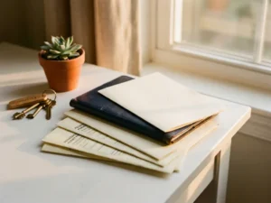 Passport, university admission letter, and residence permit forms stacked on a white desk beside a succulent and house keys in warm afternoon light.