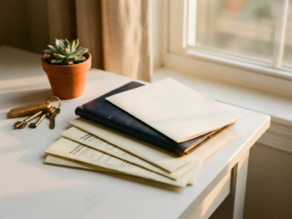Passport, university admission letter, and residence permit forms stacked on a white desk beside a succulent and house keys in warm afternoon light.