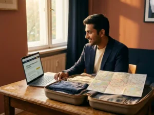 Young South Asian man reviewing a German job listing on a laptop beside a packed suitcase and Berlin city map on a wooden desk.
