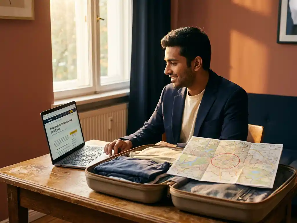 Young South Asian man reviewing a German job listing on a laptop beside a packed suitcase and Berlin city map on a wooden desk.